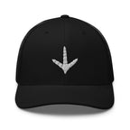 Turkey track embroidered black trucker hat front view – turkey hunting cap