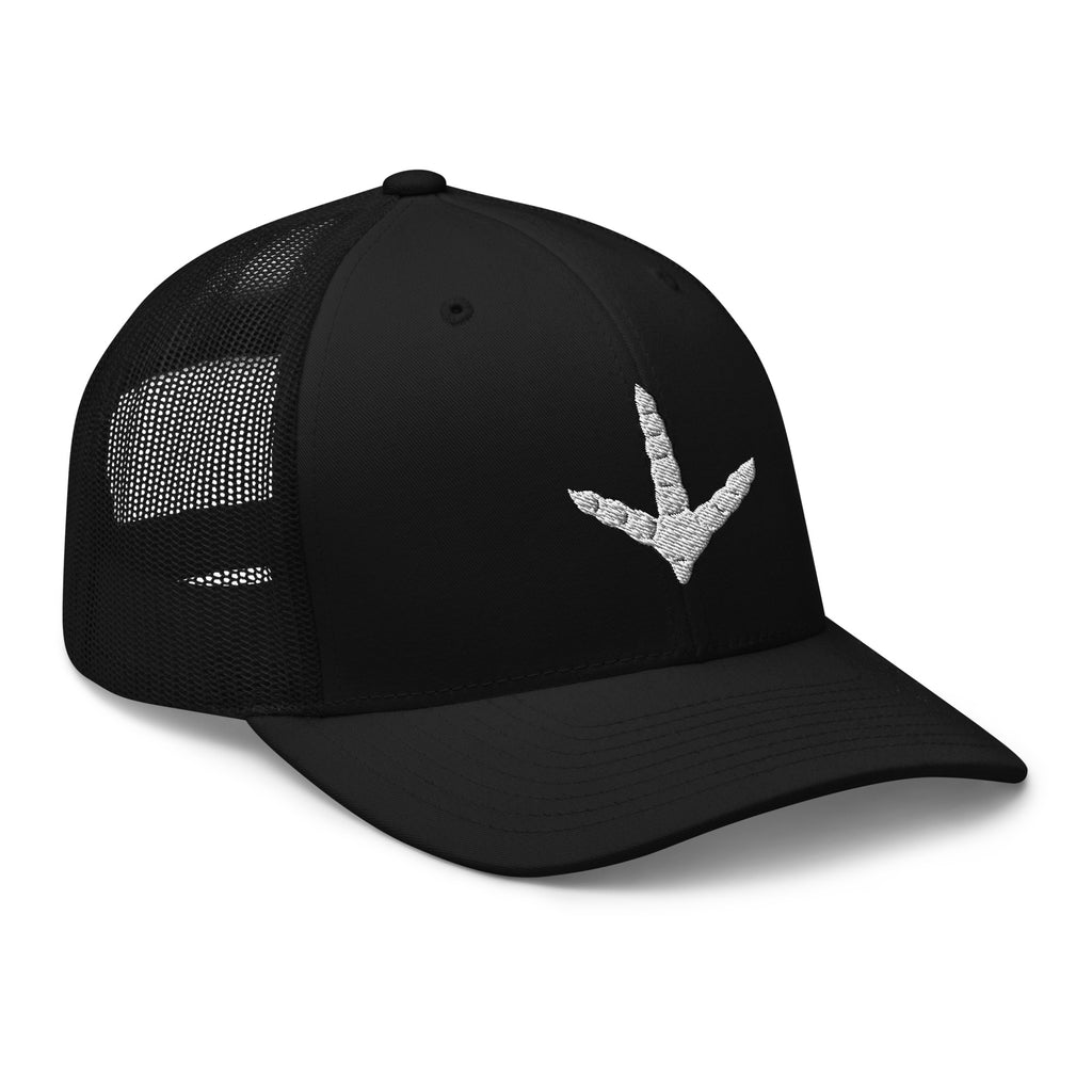 Black turkey track trucker hat side view – embroidered outdoor cap for turkey hunters