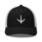 Turkey track embroidered black trucker hat white mesh front view – turkey hunting cap