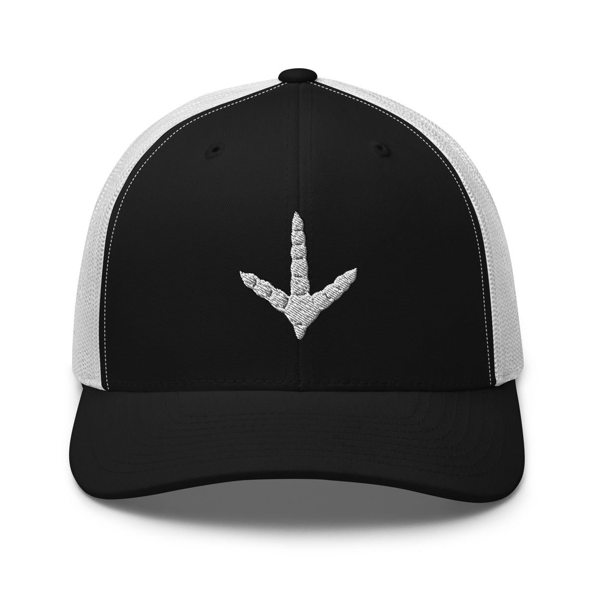 Turkey track embroidered black trucker hat white mesh front view – turkey hunting cap