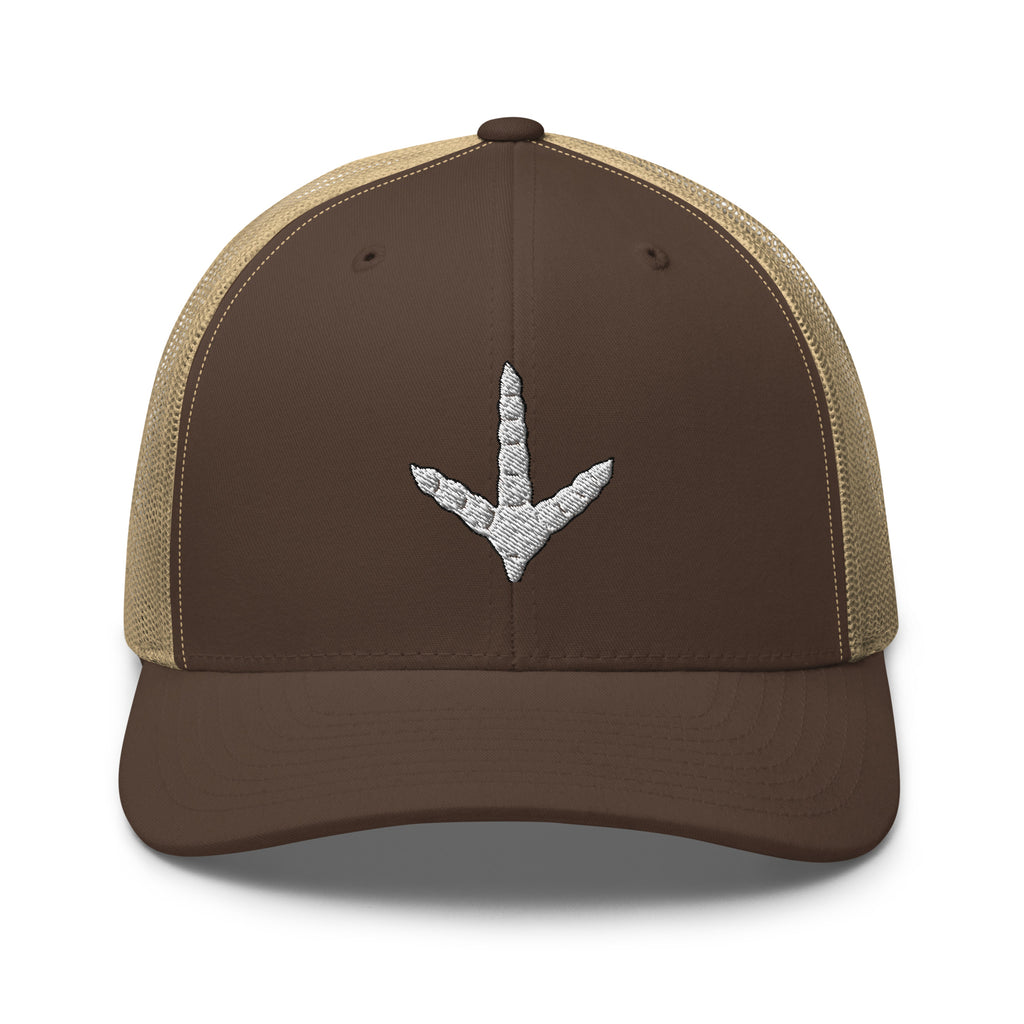Turkey track embroidered brown trucker hat khaki mesh front view – outdoor turkey hunting cap