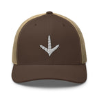 Turkey track embroidered brown trucker hat khaki mesh front view – outdoor turkey hunting cap