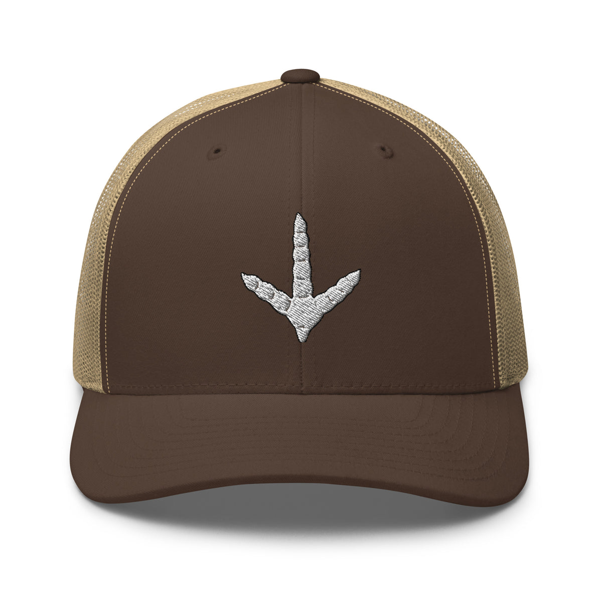 Turkey track embroidered brown trucker hat khaki mesh front view – outdoor turkey hunting cap