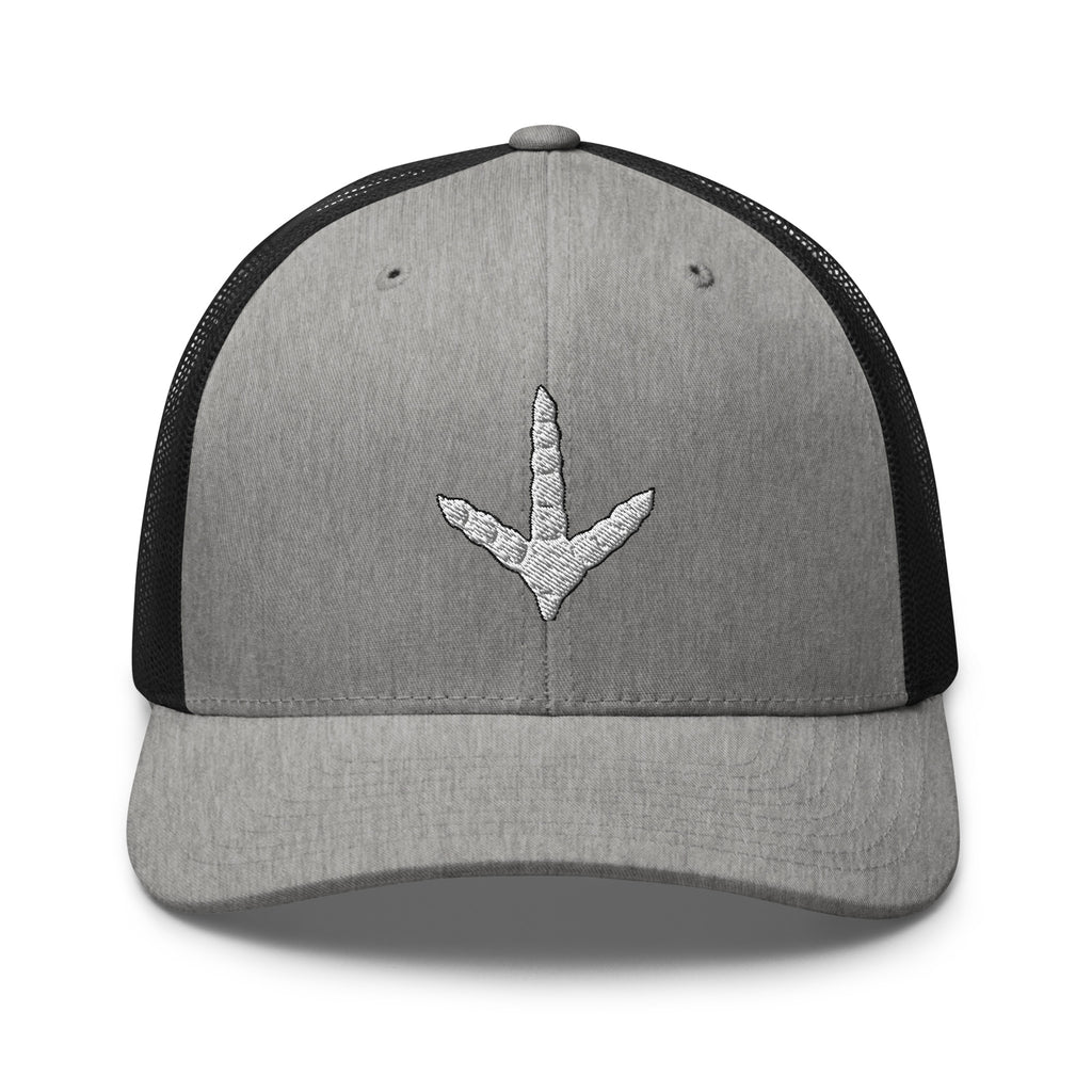 Turkey track embroidered gray heather trucker hat black mesh front view – turkey hunting cap