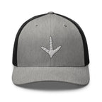 Turkey track embroidered gray heather trucker hat black mesh front view – turkey hunting cap