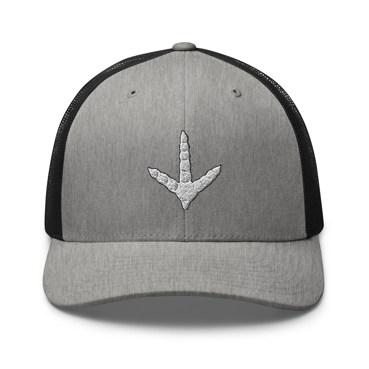 Turkey track embroidered gray heather trucker hat black mesh front view – turkey hunting cap