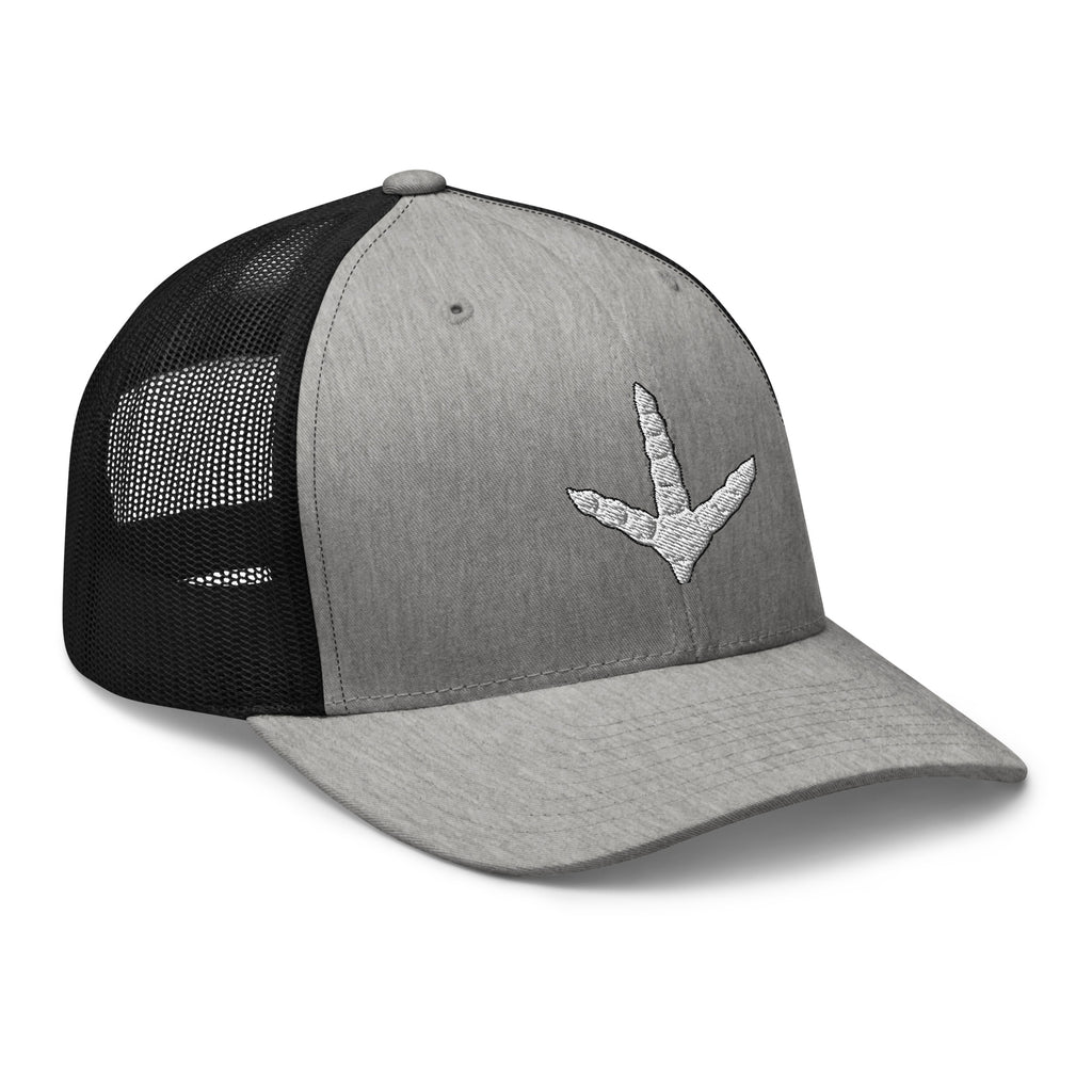 Gray heather and black mesh turkey track trucker hat side view – embroidered outdoor hunting cap