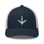 Turkey track embroidered navy trucker hat white mesh front view – turkey hunting cap