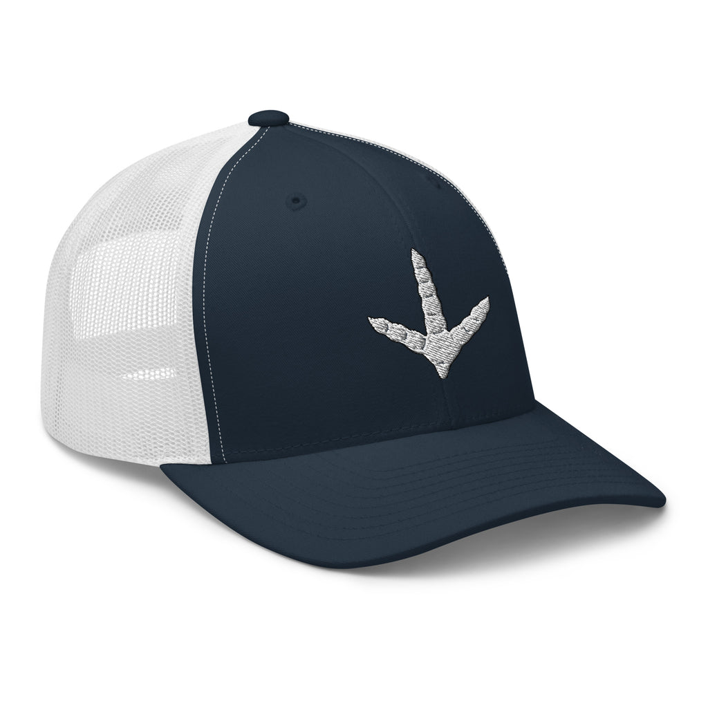 Navy and white mesh turkey track trucker hat side view – embroidered cap for turkey hunters